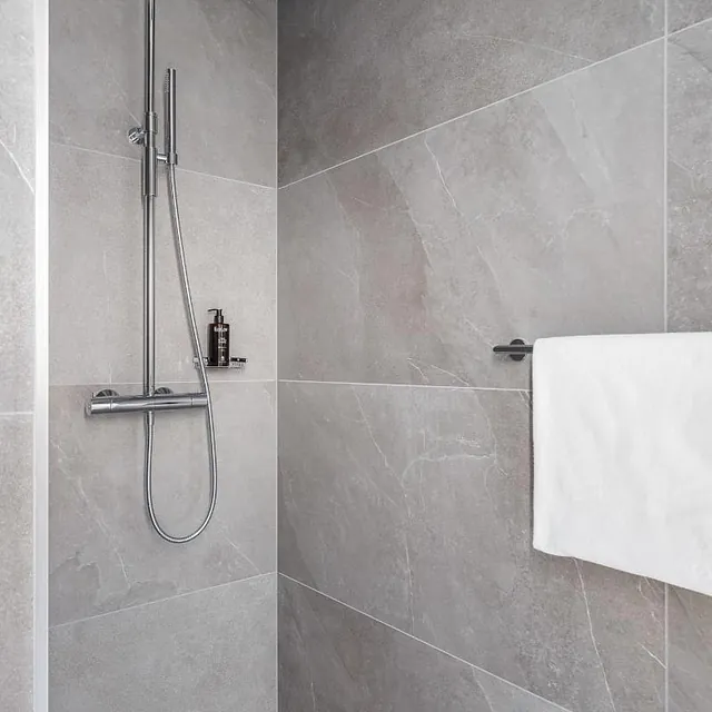 Modern shower with gray tiles