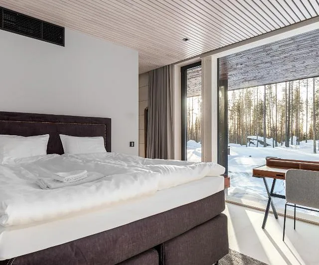 Cozy bedroom with snowy view