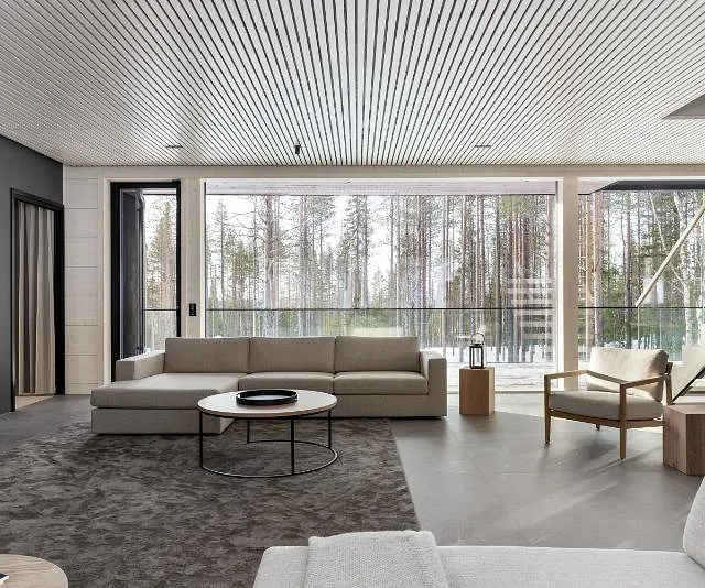 Modern living room with forest view