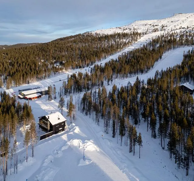 Snowy landscape with cabin